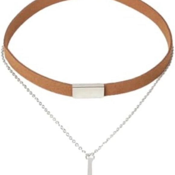 Brown Leather Suede 2-Layer Collar -Flat Silver Slider -Bar Pendant - Picture 2 of 4
